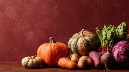 Abundant harvest of vibrant pumpkins, root vegetables, and leafy greens artfully arranged against a rich textured backdrop, celebrating autumn bounty.