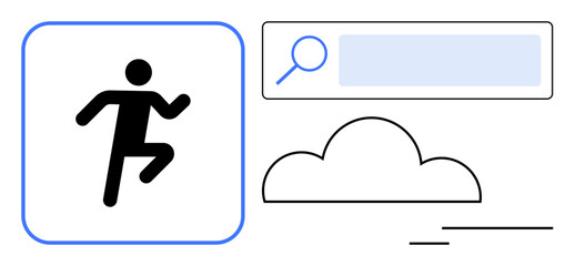 Figure in motion inside a blue-edged box, search bar, and cloud icon. Ideal for fitness, wellness, technology, connectivity, goal setting, digital tools simple landing page