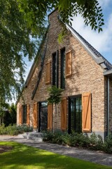 Fototapeta premium Beautifully designed modern brick house featuring wooden shutters amidst lush greenery on a sunny day in a tranquil suburban area