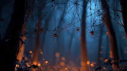 Eerie Halloween forest scene with spooky spiders on webs illuminated by glowing embers, creating a chilling atmosphere for seasonal promotions and decor