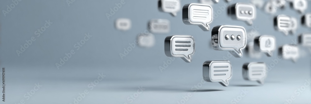 Poster floating speech bubbles in metallic finish illuminate digital communication concepts in a modern des