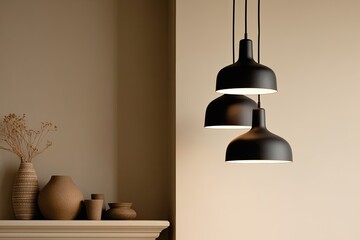 Three black pendant lamps hang from a beige wall.  Earthy-toned pottery sits on a shelf below