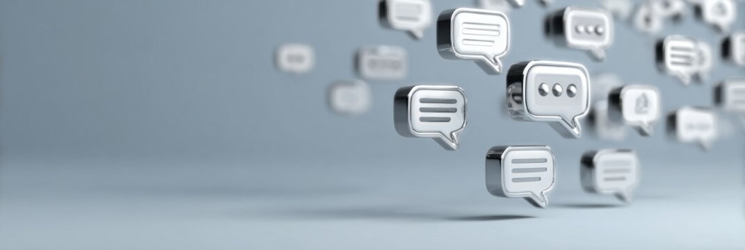 Floating Speech Bubbles in Metallic Finish Illuminate Digital Communication Concepts in a Modern Design - Powered by Adobe