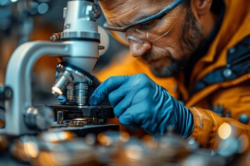 Scientist examines sample using microscope in laboratory during research experiment in the evening