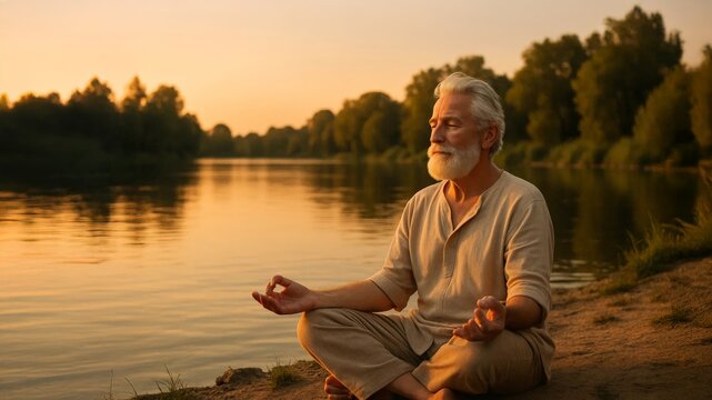 Serene senior man practicing meditation by calm lake at sunset, peaceful natural setting. - Powered by Adobe