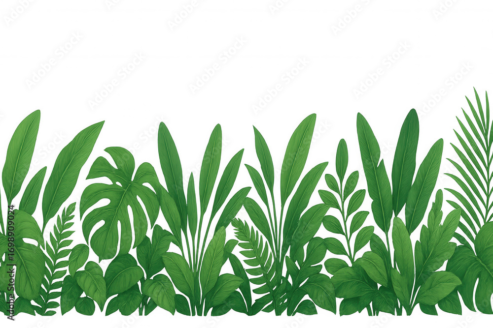 Poster seamless green tropical leaf border featuring lush foliage, creating natural background pattern with