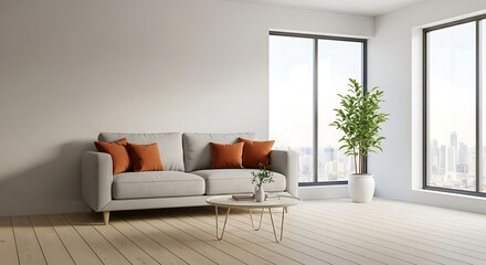 Bright living room with sofa, plant and city view through the window