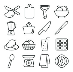 Kitchen tools linear icon set. featuring knife, spoon, blender, scale, bowl, juicer, towel, and cutting board