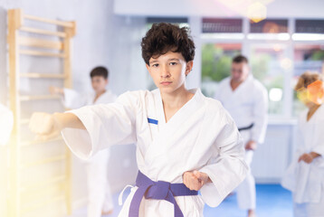 Focused teenage boy with group of karate practitioners wearing white kimonos diligently performing...