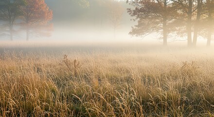 Enchanting autumn morning with a mystical fog blanketing a golden field, creating a serene natural fall background