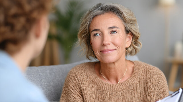 Psychotherapy session in cozy room with emphatic therapist and client interaction