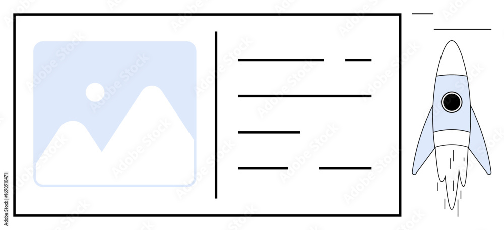 Aufkleber rocket blasting off next to document layout containing image frame, text lines, and minimal design. 
