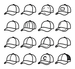 Cap designs linear icon set. featuring baseball, snapback, trucker, five-panel, and dad hat styles
