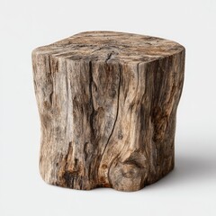 Rustic wooden stump stool.  Square, natural wood, weathered, textured, simple,  functional,  decorative,  neutral,  natural,  light