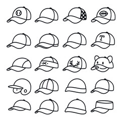 Headwear linear icon set. featuring baseball cap, visor, beanie, trucker hat, helmet, sports cap, and animal cap designs
