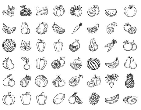 A collection of diverse fruits and vegetables, rendered in simple black line drawings, perfect for illustrations, posters, or educational materials.