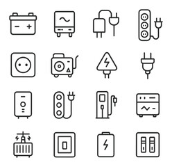 Electrical devices linear icon set. featuring battery, multimeter, plug, outlet, and power symbols