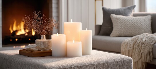 Cozy living room scene with pillar candles, fireplace, and soft furnishings