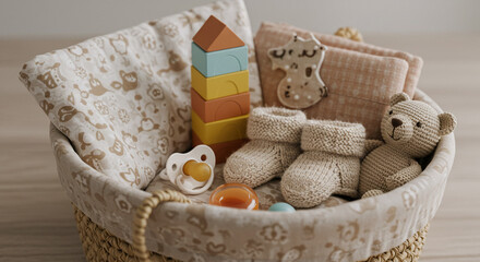 A woven basket brimming with adorable baby essentials including a soft teddy bear, knitted booties, and colorful stacking blocks, perfect for a new arrival