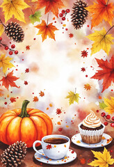 Autumn settles gently—pumpkin, coffee, and cupcake rest among fallen leaves, pinecones, and berries in a warm seasonal still life.