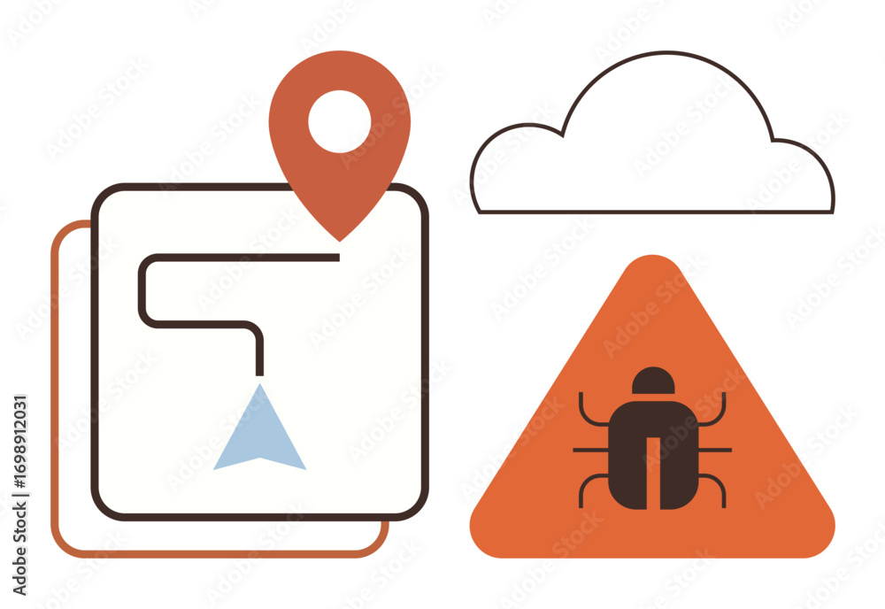 Poster map path with location pin, triangular warning with bug icon, and outlined cloud symbol. ideal for n