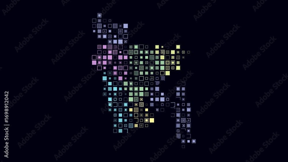 Poster bangladesh map animation. shape of the country with pulsating colored dots. large size square blocks