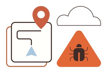 Map path with location pin, triangular warning with bug icon, and outlined cloud symbol. Ideal for navigation, troubleshooting, technology, security, error tracking, cloud systems simple flat