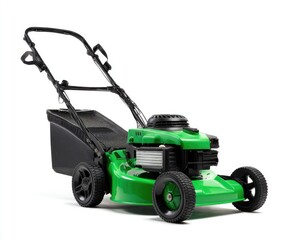 Fototapeta premium Green lawn mower, front view, isolated