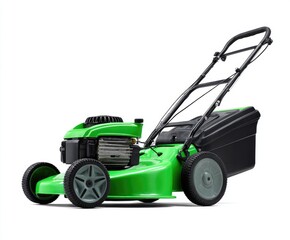 Fototapeta premium Bright green lawnmower, black details, isolated on white