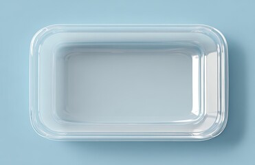 Clear rectangular food container.  Empty, glossy,  plastic  tray.  Light-blue  background.  Top  view