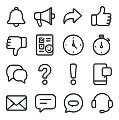 Communication linear icon set. featuring bell, megaphone, share, thumbs up, thumbs down, checklist, clock, and chat symbols