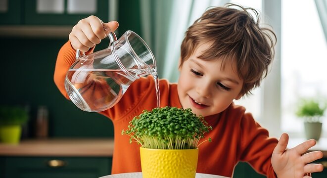 Boy is watering sprouts in a yellow pot with a glass pitcher indoors - Powered by Adobe
