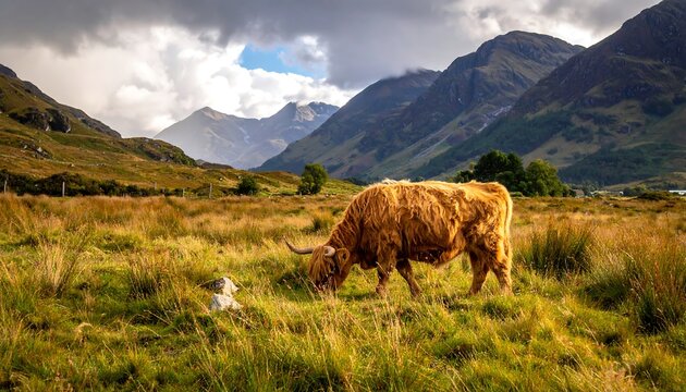 Highland cow grazing in a valley