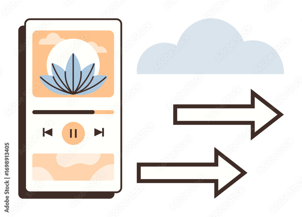 Poster smartphone playing audio with play controls beside a cloud and arrows symbolizing data transfer. ide