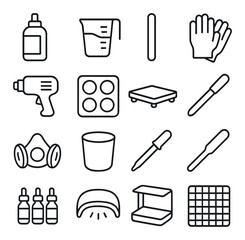 Laboratory equipment linear icon set. featuring glue, beaker, gloves, pipette, mask, and containers.