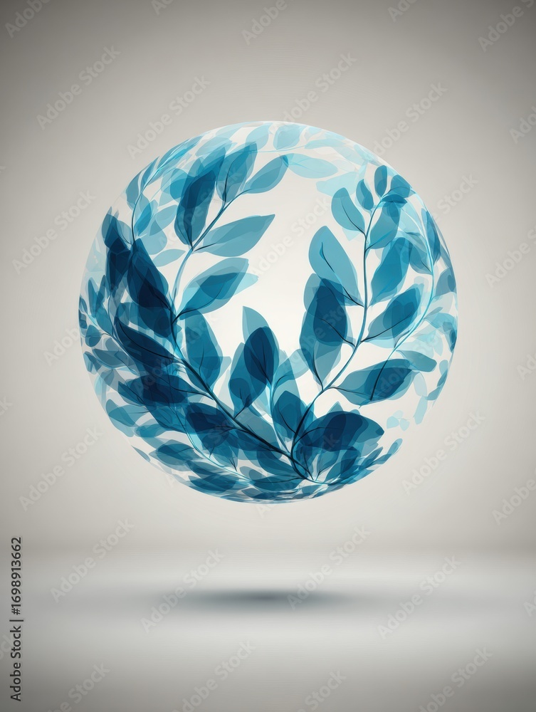 Poster floating spherical design featuring blue leaves against a soft gray background with a smooth shadow 