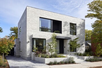 Modern architectural design featuring a brick house with large windows and greenery in a suburban neighborhood during daylight