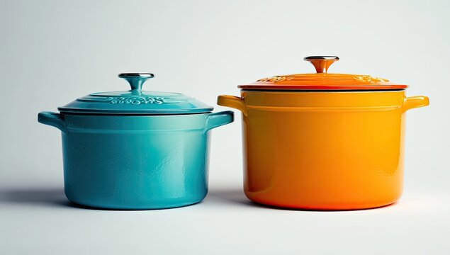 Two enamel-coated cast iron pots, teal and orange, stand side-by-side against a plain white background.  Both have lids and handles