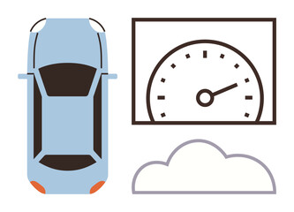 Simplified blue car top view, speedometer measuring performance, and a cloud representing technology. Ideal for mobility, transport, innovation, performance tracking, cloud computing, energy