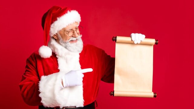 Santa Claus with list posing against a red background for the holidays season