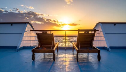 Fototapeta premium Two wooden sun loungers on a ship's deck face a golden sunset over the ocean.