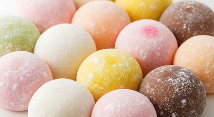 Colorful mochi balls isolated on white background, a japanese rice cake dessert