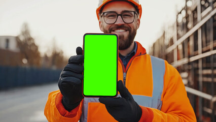 A construction worker holding a green screen phone for decoration and branding.