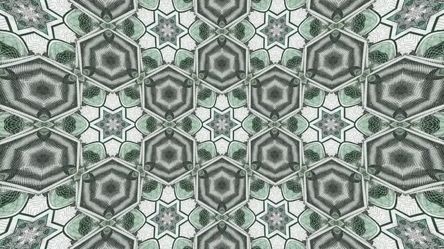 Abstract mandala kaleidoscope background featuring Russian ruble money notes, ornamental hexagonal currency patterns evolving dynamically in seamless motion with geometric visual symmetry.