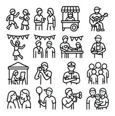 Community events linear icon set. featuring dancing, conversation, food stall, musician, and photographer symbols