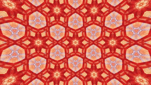 Abstract kaleidoscope mandala background of Russian ruble currency, money banknotes forming hexagonal ornamental grids, seamless rhythmic motion symmetry glowing in dynamic animation.