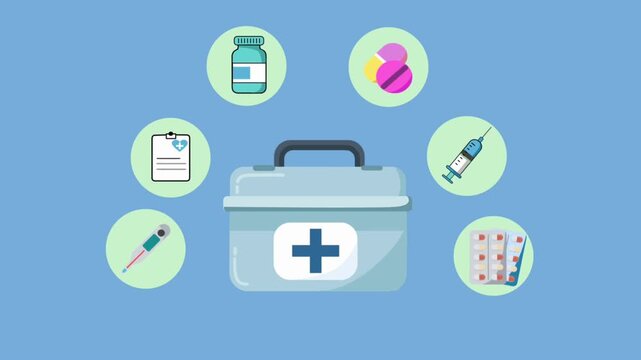 Medical kit with pills, syringes, and medicine icons arranged  on blue background, perfect for health, hospital, or pharmacy explainer videos.