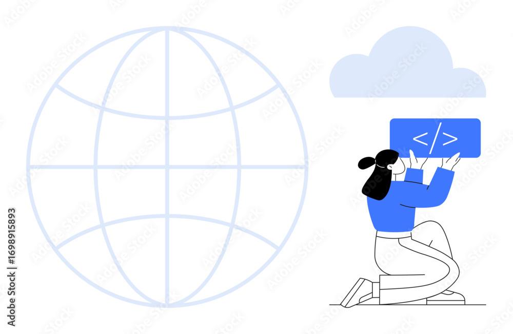 Poster person coding under a cloud icon beside a global grid. ideal for technology, cloud computing, coding