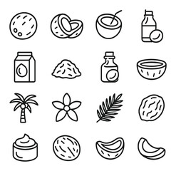 Coconut products linear icon set. featuring coconut, milk, oil, sugar, cream, palm, leaf, nut, and flower symbols
