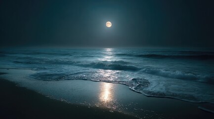 Moonlight washes over a tranquil beach. A full moon illuminates the ocean waves gently lapping at the shore